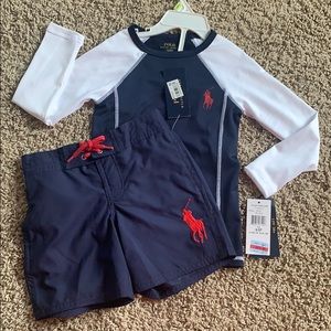 Ralph Lauren swim trunks and rash guard